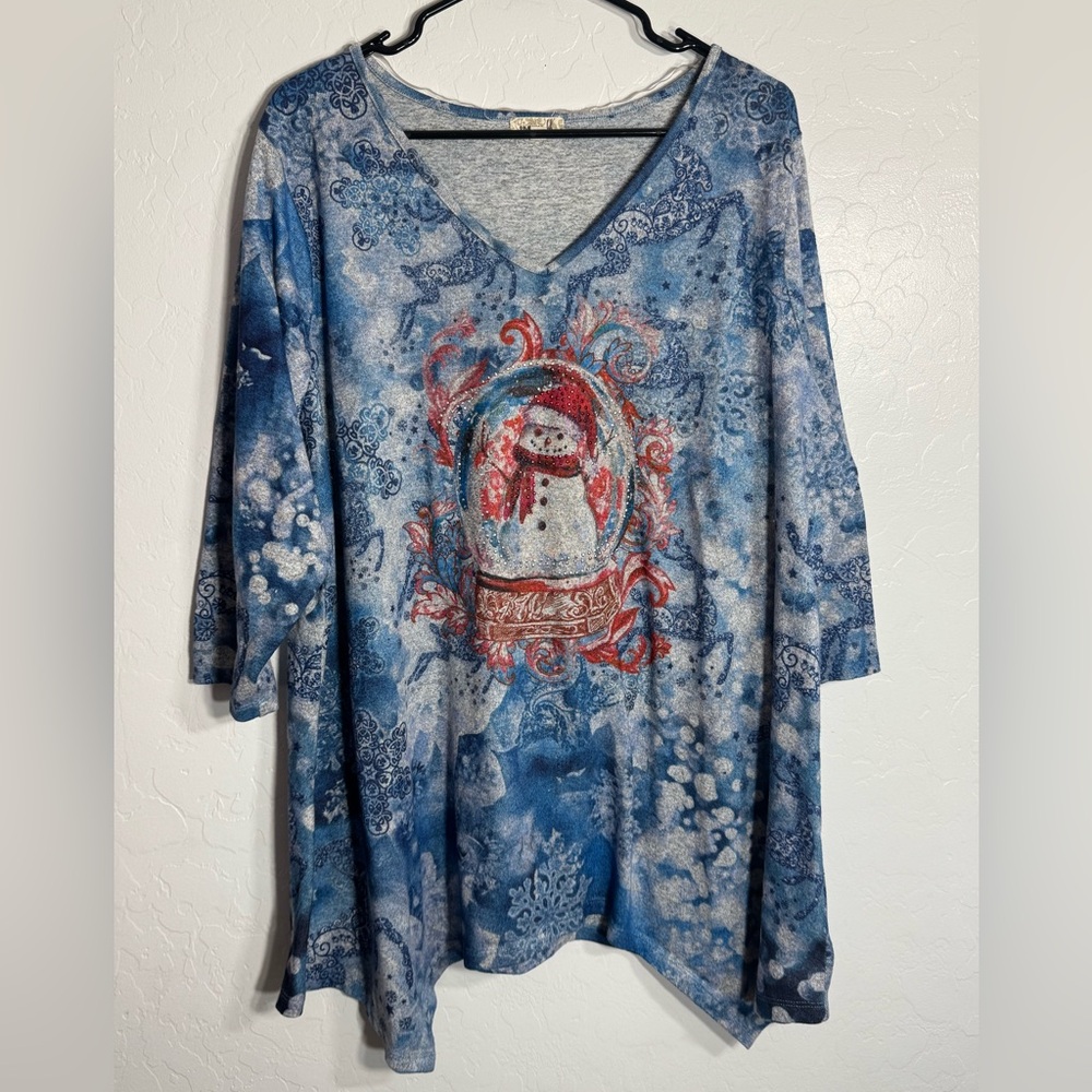 One World Christmas Tunic 3X Blue Snowflake Print Snowman Rhinestone Top